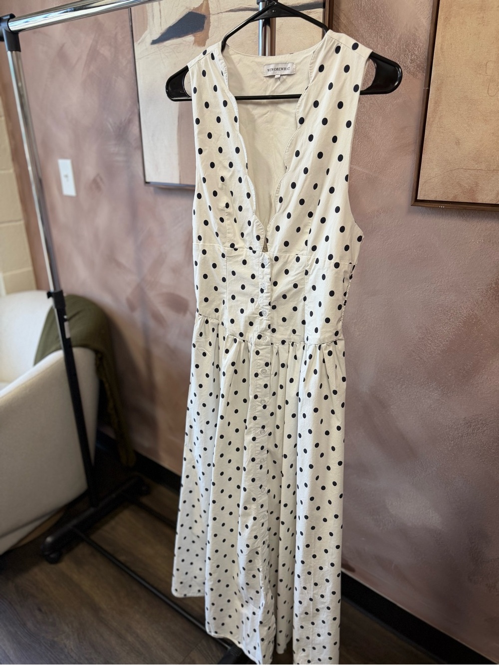 WEWOREWHAT Polka Dot Scallop Midi Dress in White and Black size L - Picture 2 of 7